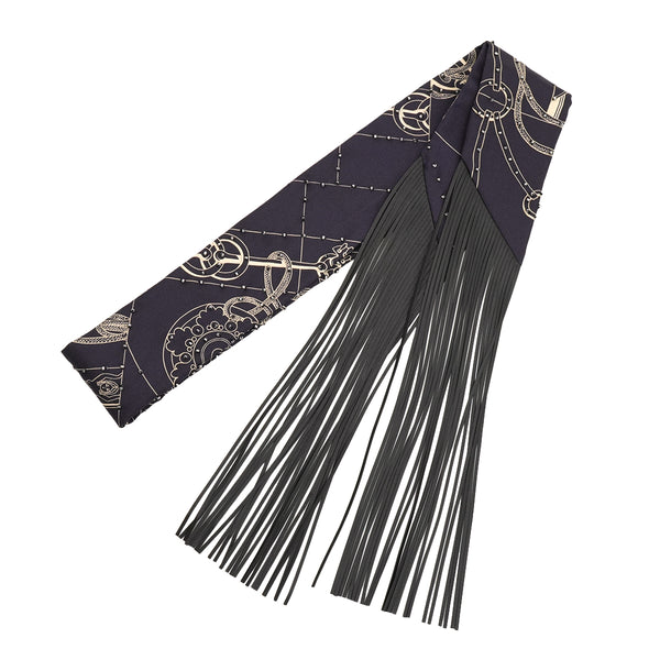 HERMES TWILLY FRINGE LES CLES A POIS BLACK WHITE SILK LEATHER 90345988