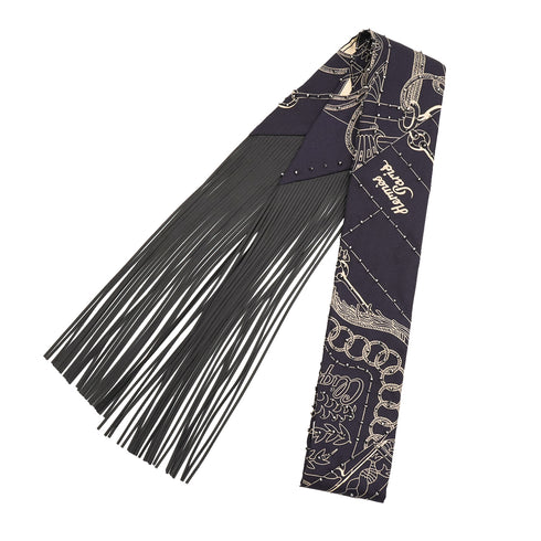 HERMES TWILLY FRINGE LES CLES A POIS BLACK WHITE SILK LEATHER 90345988
