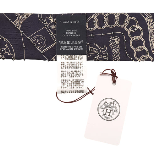 HERMES TWILLY FRINGE LES CLES A POIS BLACK WHITE SILK LEATHER 90345988