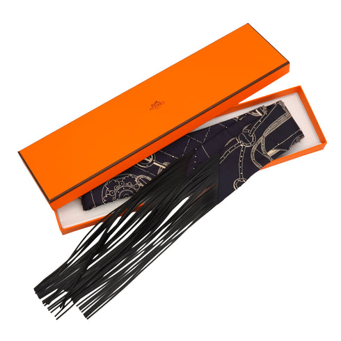 HERMES TWILLY FRINGE LES CLES A POIS BLACK WHITE SILK LEATHER 90345988