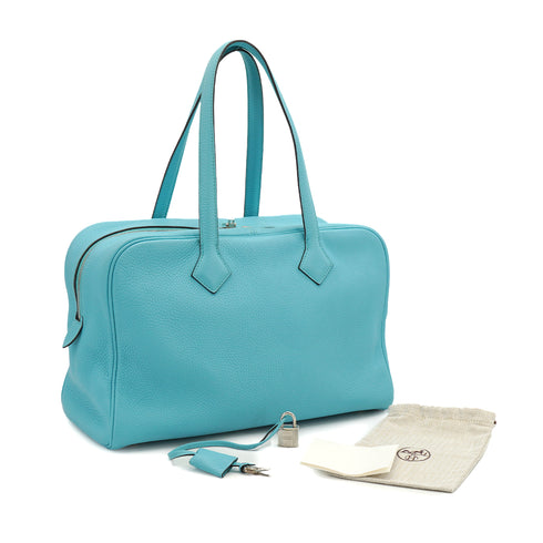 HERMES VICTORIA 2 35 BLUE ATOLL TAURILLON CLEMENCE HAND BAG 2015 T STAMP PALLADIUM HARDWARE 90333175