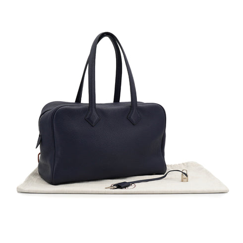 HERMES VICTORIA 2 35 BLUE NUIT TAURILLON CLEMENCE HAND BAG 2016 X STAMP PALLADIUM HARDWARE 90332923