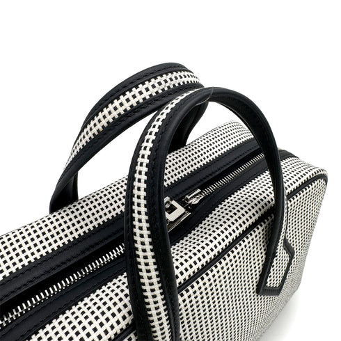 HERMES VICTORIA 3 FOURRE TOUT MINI BLACK WHITE TOILE QUADRILLE VEAU SWIFT HAND BAG 2023 B PALLADIUM HARDWARE 90313545