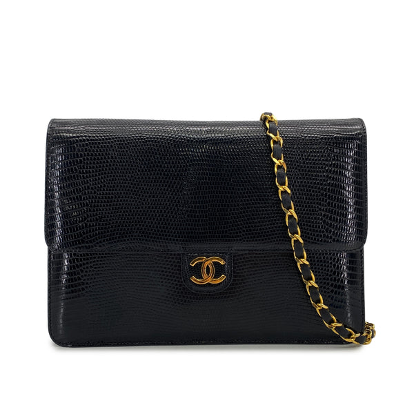 VINTAGE CHANEL CHAIN SHUOLDER BAG BLACK LIZARD GOLD HARDWARE 90324813