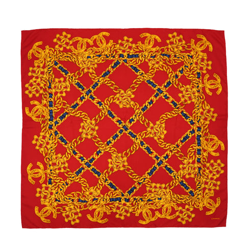 VINTAGE CHANEL COCOMARK CHAIN PATTERN SCARF GOLD RED SILK 90334196