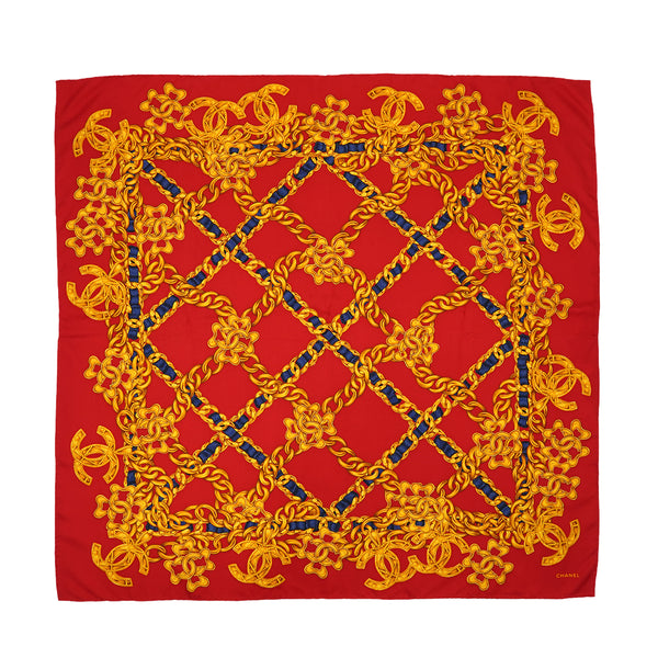 VINTAGE CHANEL COCOMARK CHAIN PATTERN SCARF GOLD RED SILK 90334196
