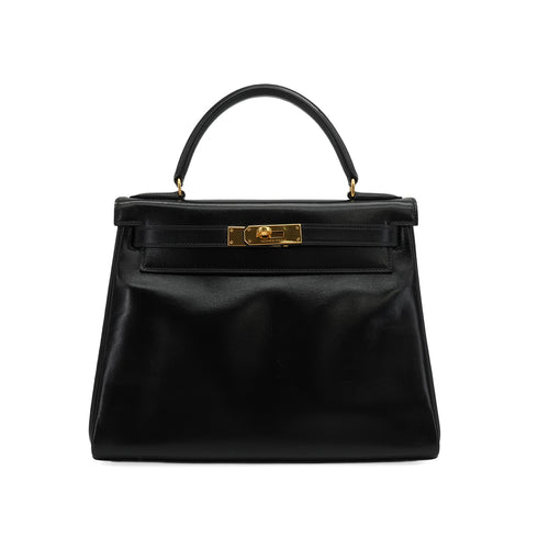 HERMES KELLY 28 RETOURNE BLACK BOX CALF HAND SHOULDER BAG 1983 CIRCLE M GOLD HARDWARE 90348411