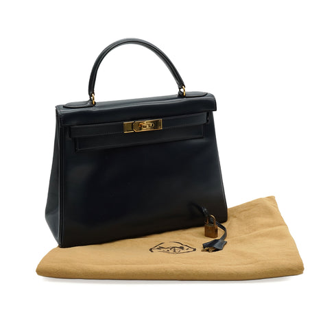 HERMES KELLY 28 RETOURNE BLUE INDIGO BOX CALF HAND BAG 1980 CIRCLE J GOLD HARDWARE 90343978