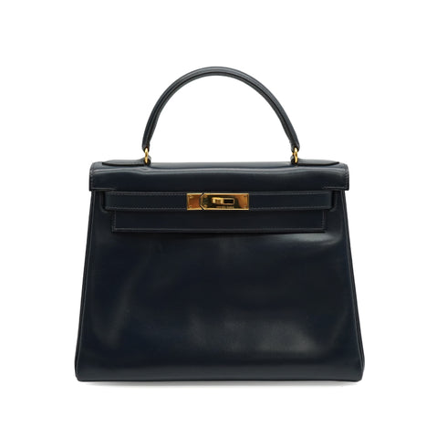HERMES KELLY 28 RETOURNE BLUE INDIGO BOX CALF HAND BAG 1980 CIRCLE J GOLD HARDWARE 90343978