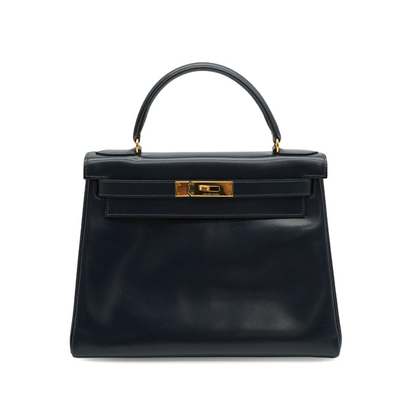 HERMES KELLY 28 RETOURNE BLUE INDIGO BOX CALF HAND BAG 1980 CIRCLE J GOLD HARDWARE 90343978