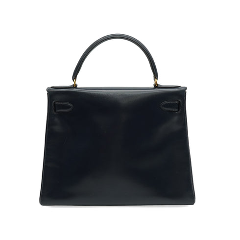 HERMES KELLY 28 RETOURNE BLUE INDIGO BOX CALF HAND BAG 1980 CIRCLE J GOLD HARDWARE 90343978