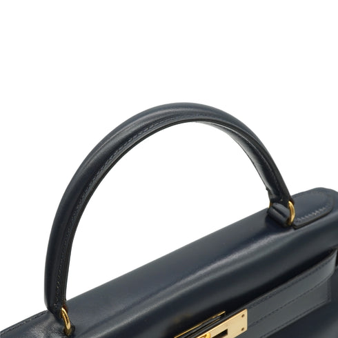 HERMES KELLY 28 RETOURNE BLUE INDIGO BOX CALF HAND BAG 1980 CIRCLE J GOLD HARDWARE 90343978