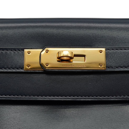 HERMES KELLY 28 RETOURNE BLUE INDIGO BOX CALF HAND BAG 1980 CIRCLE J GOLD HARDWARE 90343978