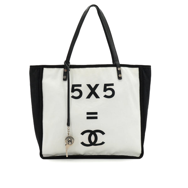 CHANEL LET'S LEMON STRAIGHT TOTE SHOULDER BAG WHITE CANVAS LEATHER SILVER HARDWARE 90343008