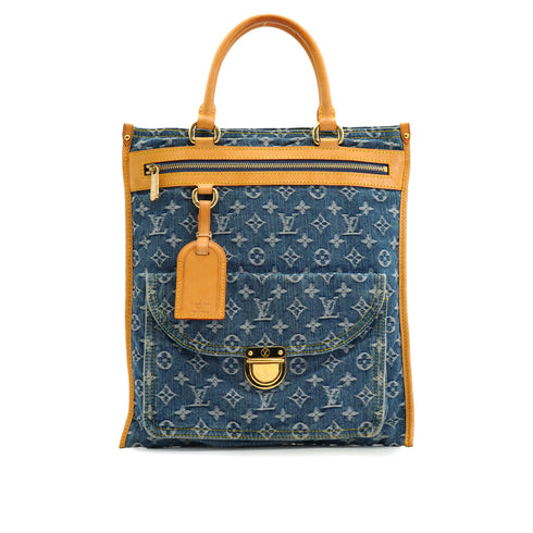 LOUIS VUITTON MONOGRAM DENIM FLAT SHOPPER TOTE BAG CANVAS BLUE M95018 90328697