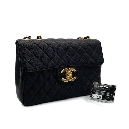 VINTAGE CHANEL JUMBO MATELASSE 30 CHAIN SHOULDER BAG BLACK CAVIAR SKIN GOLD HARDWARE 90311889