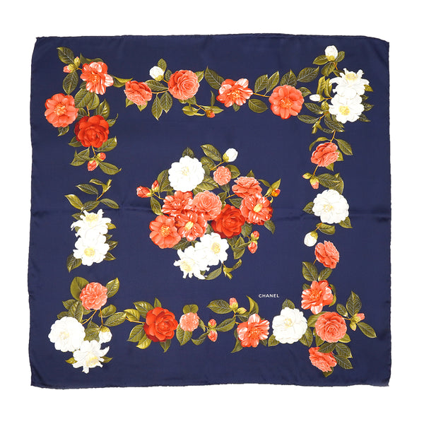 VINTAGE CHANEL SCARF CAMELLIA PATTERN NAVY SILK 90335738
