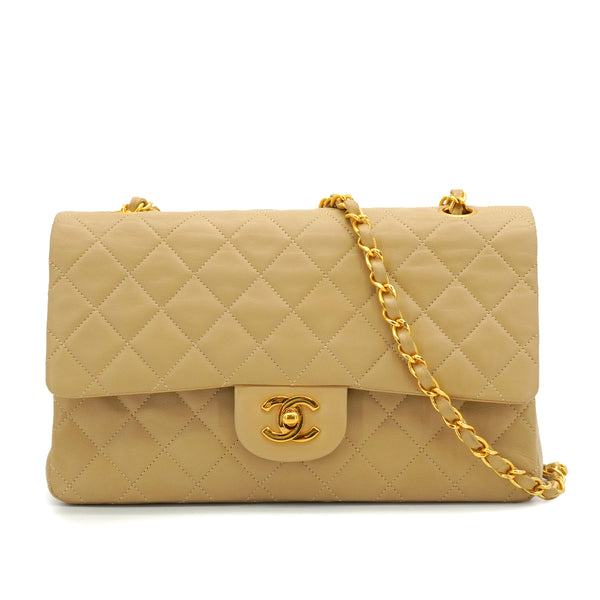 VINTAGE CHANEL CLASSIC FLAP MEDIUM CHAIN SHOULDER BAG BEIGE LAMB SKIN GOLD HARDWARE 90338305