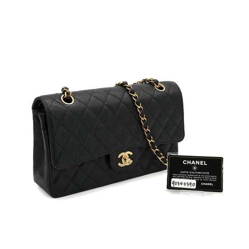 VINTAGE CHANEL CLASSIC FLAP MEDIUM CHAIN SHOULDER BAG BLACK CAVIAR SKIN GOLD HARDWARE 90340390