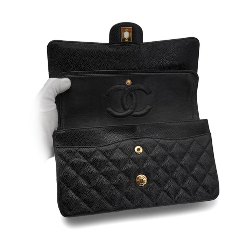 VINTAGE CHANEL CLASSIC FLAP MEDIUM CHAIN SHOULDER BAG BLACK CAVIAR SKIN GOLD HARDWARE 90340390