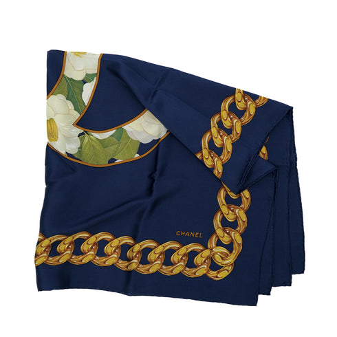 VINTAGE CHANEL COCOMARK CAMELLIA GOLD CHAIN SCARF BLUE SILK 90312625_japan