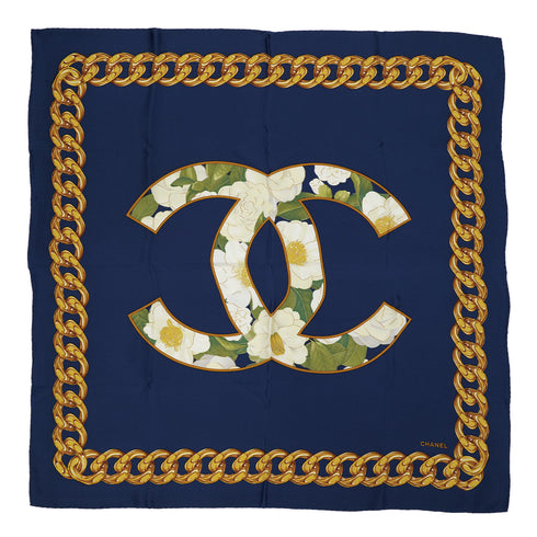 VINTAGE CHANEL COCOMARK CAMELLIA GOLD CHAIN SCARF BLUE SILK 90312625