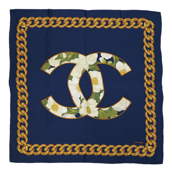 VINTAGE CHANEL COCOMARK CAMELLIA GOLD CHAIN SCARF BLUE SILK 90312625