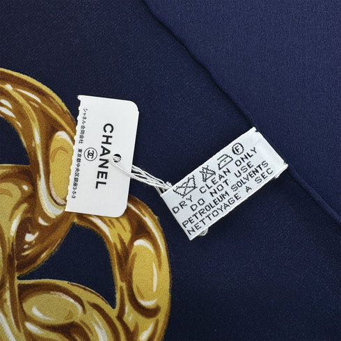 VINTAGE CHANEL COCOMARK CAMELLIA GOLD CHAIN SCARF BLUE SILK 90312625