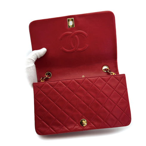 VINTAGE CHANEL FULL FLAP CHAIN SHOULDER BAG RED LAMB SKIN GOLD HARDWARE 90311265 - PURPOSE