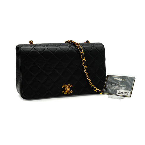 VINTAGE CHANEL FULL FLAP CHAIN SHUOLDER BAG BLACK LAMB SKIN GOLD HARDWARE 90341875