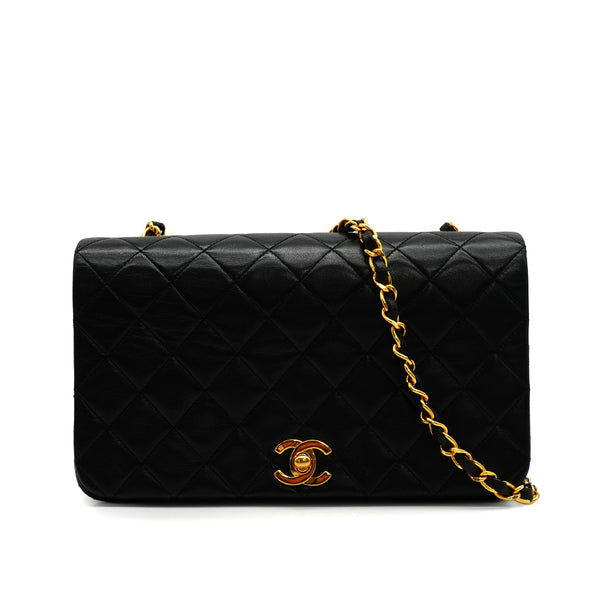 VINTAGE CHANEL FULL FLAP CHAIN SHUOLDER BAG BLACK LAMB SKIN GOLD HARDWARE 90341875