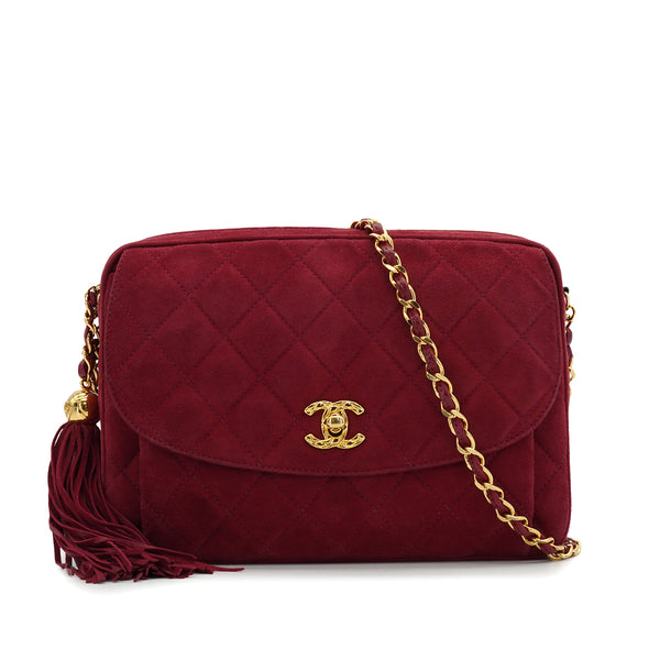 VINTAGE CHANEL MATELASSE FRINGE CHAIN SHOULDER BAG RED SUEDE GOLD HARDWARE 90335778
