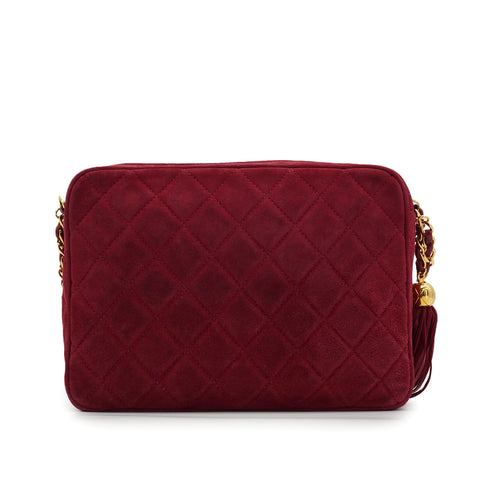 VINTAGE CHANEL MATELASSE FRINGE CHAIN SHOULDER BAG RED SUEDE GOLD HARDWARE 90335778