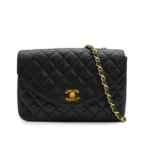 VINTAGE CHANEL MATELASSE HALF MOON CHAIN SHOULDER BAG BLACK LAMB SKIN 90329018