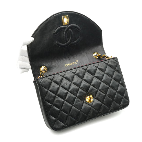 VINTAGE CHANEL MATELASSE HALF MOON CHAIN SHOULDER BAG BLACK LAMB SKIN 90329018