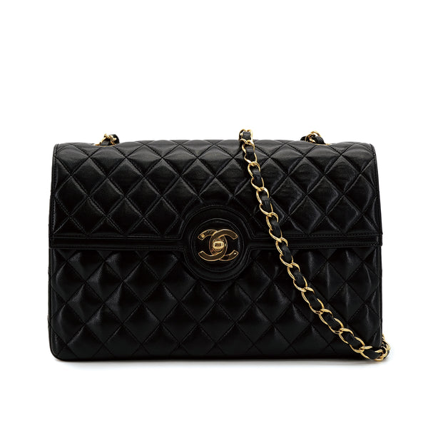 VINTAGE CHANEL MATELASSE TURN LOCK CHAIN SHOULDER BAG BLACK LAMB SKIN GOLD HARDWARE 90310304 - PURPOSE