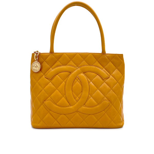 VINTAGE CHANEL MEDALLION MATELLASSE TOTE BAG ORANGE CAVIAR SKIN GOLD HARDWARE 90321626