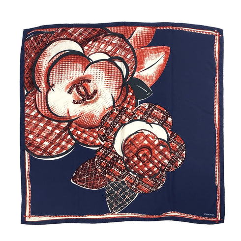 VINTAGE CHANEL SCARF COCOMARK CAMELLIA MOTIF NAVY RED SILK 90311301 - PURPOSE