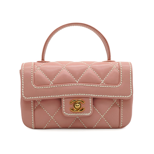 VINTAGE CHANEL WILD STITCH HAND BAG PINK LEATHER GOLD HARDWARE 90346151