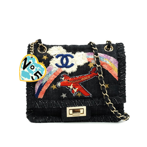 VINTAGE CHANEL 2.55 COCO NIGHT FIGHT CHAIN SHOULDER BAG BLUE DENIM GOLD HARDWARE 90346660