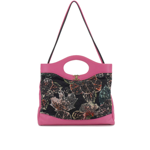 CHANEL 31 LARGE 2018 MODEL LEAF PRINT HAND SHOULDER BAG PINK BLACK LAMB SKIN CANVAS GOLD HARDWARE 90340454