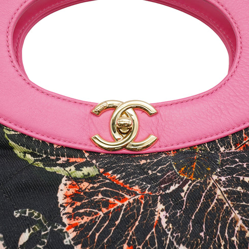 CHANEL 31 LARGE 2018 MODEL LEAF PRINT HAND SHOULDER BAG PINK BLACK LAMB SKIN CANVAS GOLD HARDWARE 90340454
