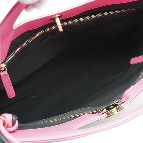 CHANEL 31 LARGE 2018 MODEL LEAF PRINT HAND SHOULDER BAG PINK BLACK LAMB SKIN CANVAS GOLD HARDWARE 90340454