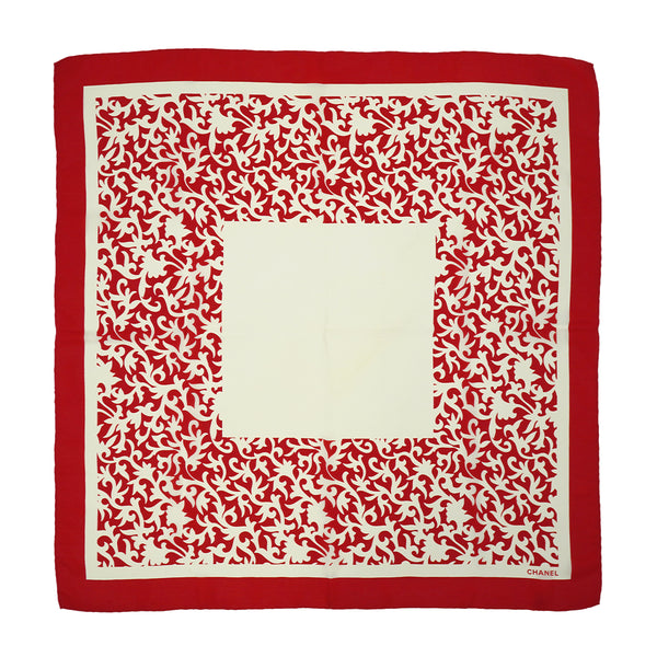 VINTAGE CHANEL ARABESQUE PATTERN SCARF RED WHITE SILK 90331696