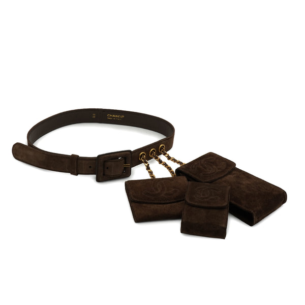 VINTAGE CHANEL BELT WITH POUCHES COCOMARK BROWN SUEDE ACCESSORY GOLD HARDWARE 90335795