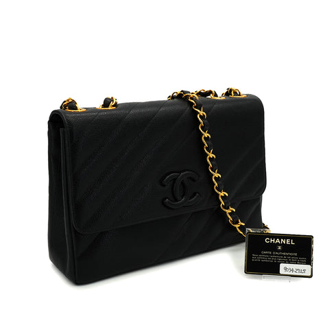 VINTAGE CHANEL BIAS STITCH CHAIN SHOULDER BAG BLACK CAVIAR SKIN GOLD HARDWARE 90342725