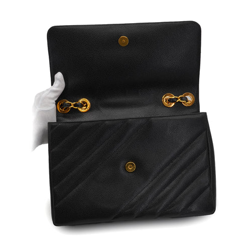 VINTAGE CHANEL BIAS STITCH CHAIN SHOULDER BAG BLACK CAVIAR SKIN GOLD HARDWARE 90342725