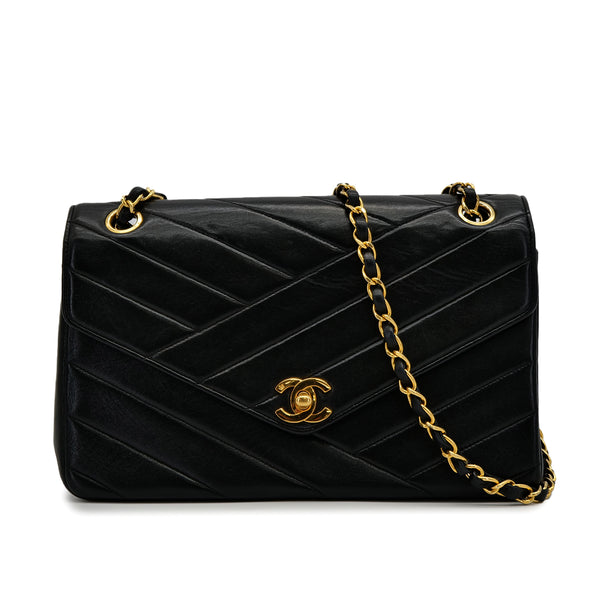 VINTAGE CHANEL BIAS STITCH CHAIN SHOULDER BAG BLACK LAMB SKIN GOLD HARDWARE 90319694