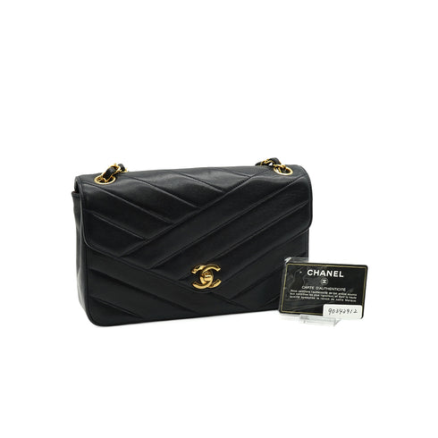 VINTAGE CHANEL BIAS STITCH CHAIN SHOULDER BAG NAVY LAMB SKIN GOLD HARDWARE 90343912
