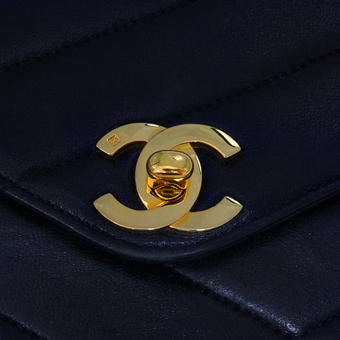 VINTAGE CHANEL BIAS STITCH CHAIN SHOULDER BAG NAVY LAMB SKIN GOLD HARDWARE 90343912